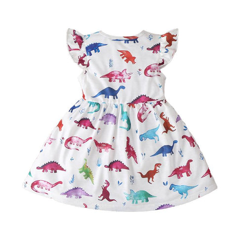 Toddler Girl Dinosaur Rainbow Cactus Print Short-sleeve Dress